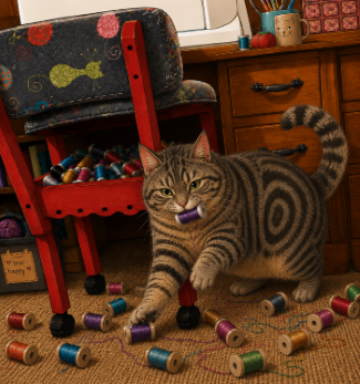 cat with sewing supplies